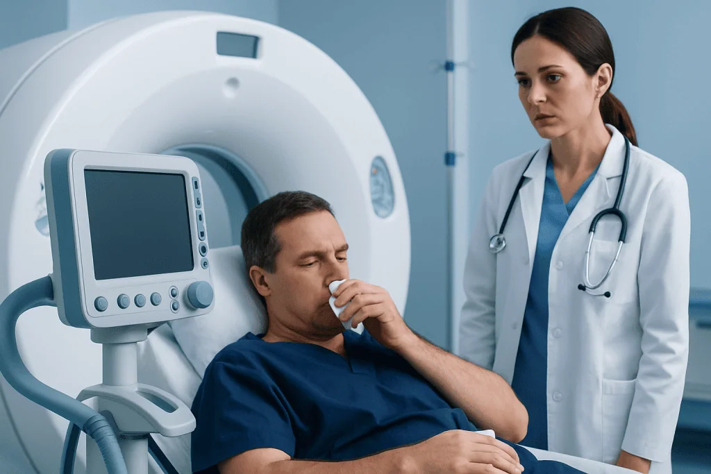 Patient undergoing a CT scan at Acibadem Hospital with medical staff present.