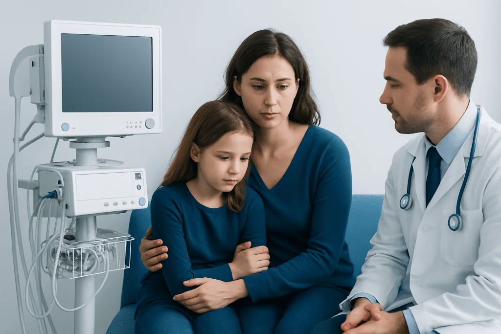 Sep Anxiety: A Complete Medical Overview 1 Doctor consulting young girl and mother in hospital room with medical equipment.