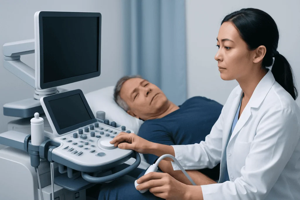 Doctor performing ultrasound on patient in hospital room.