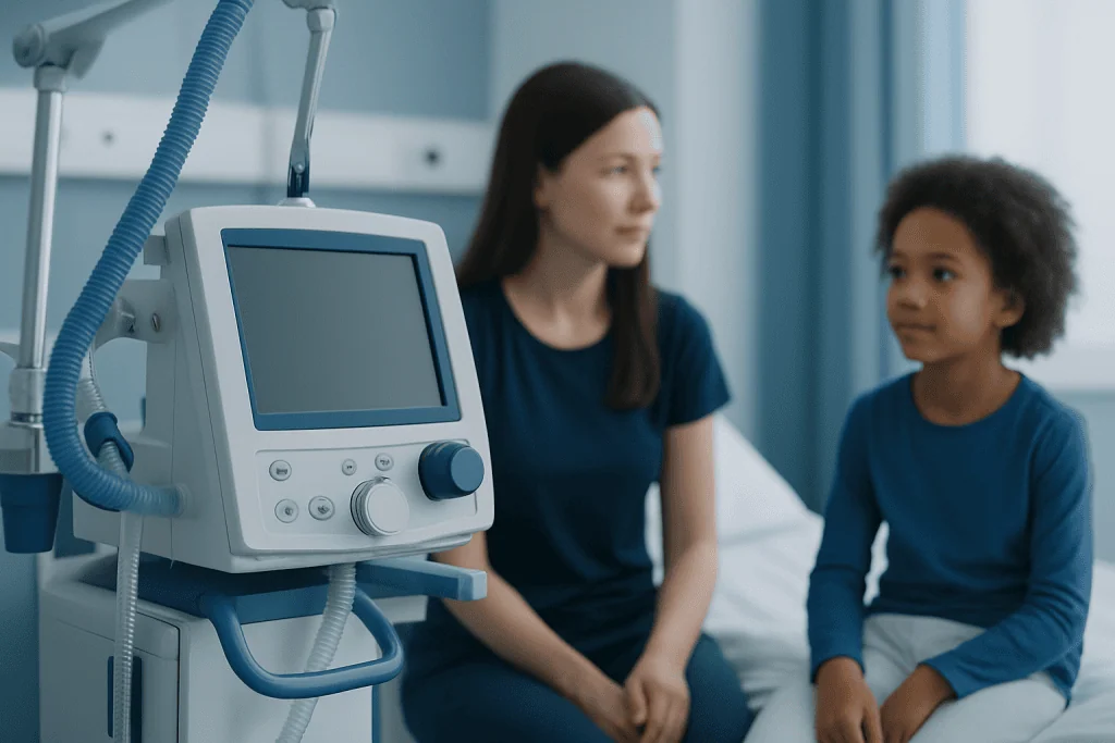 Doctor and young patient in hospital room with medical equipment.