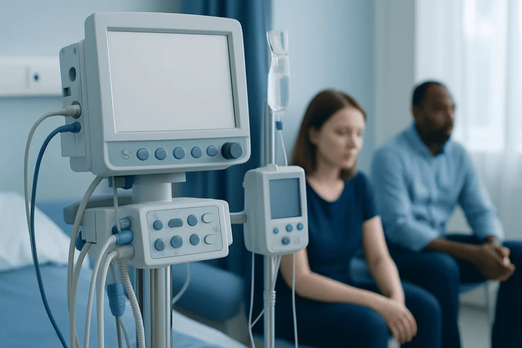 Hospital room with medical monitors and two patients sitting on the bed.