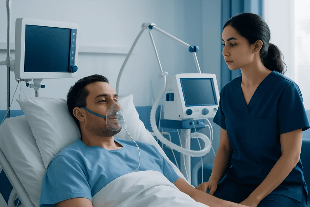 Hospital patient with respiratory support and nurse in a medical room.