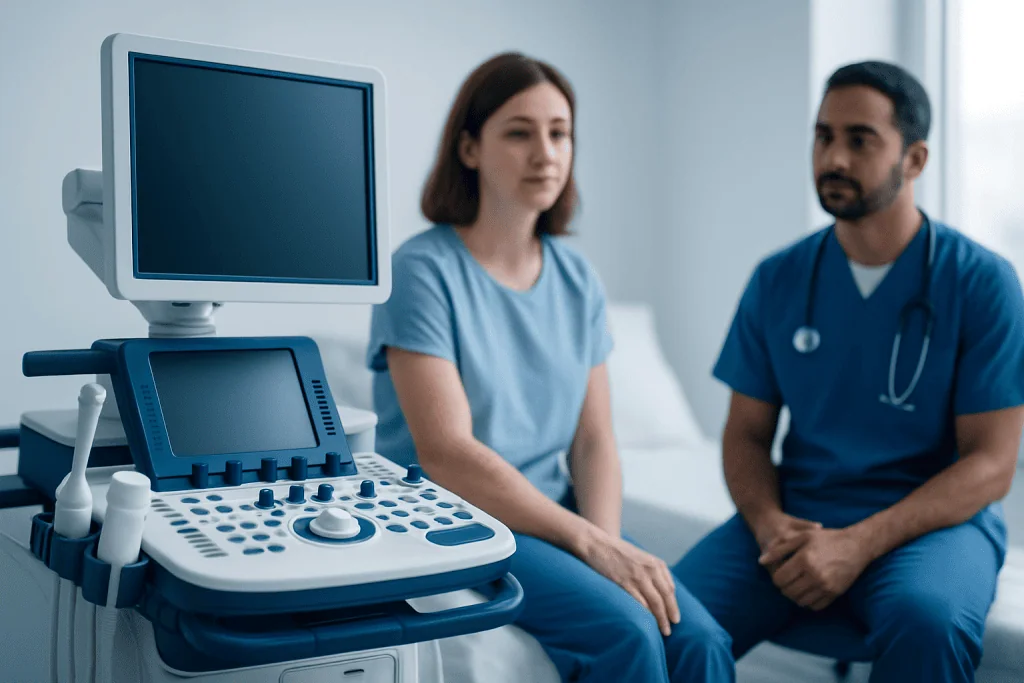 Medical consultation with ultrasound equipment at Acibadem Hospitals Group.