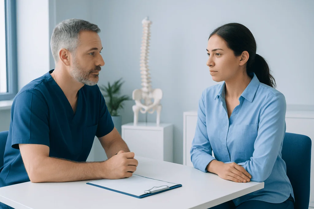 Doctor consulting with a patient in a medical office setting.