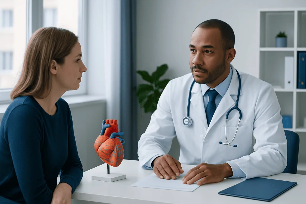 Doctor explaining heart health to a patient in a medical office.