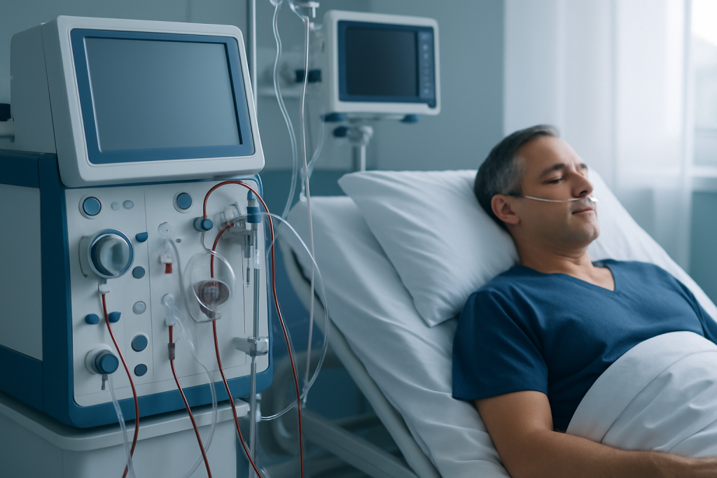 Patient in hospital bed connected to dialysis machine for kidney treatment.
