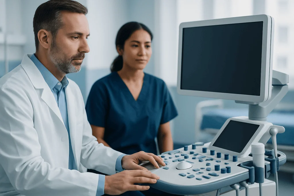 Medical professionals using ultrasound equipment in a hospital setting.