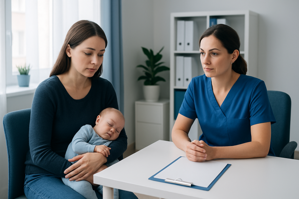 Mother with baby consulting a healthcare professional about postnatal depression.