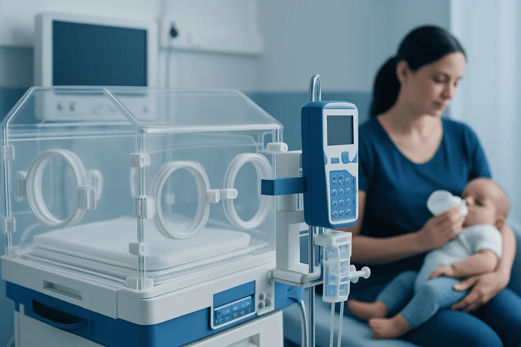 Neonatal incubator with a mother feeding her baby in a hospital setting.