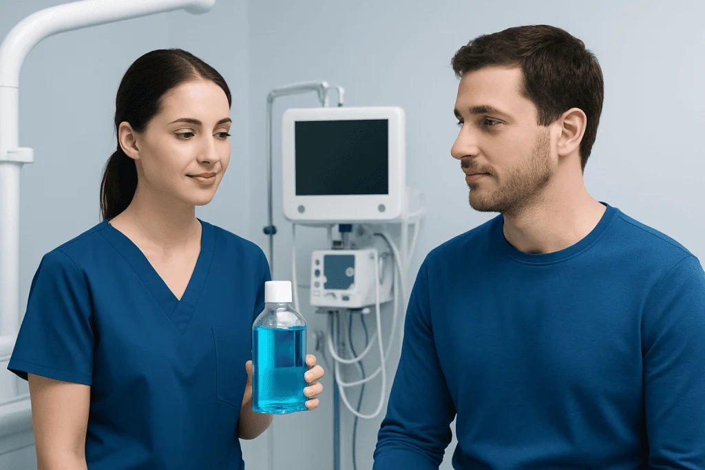 Medical professional showing antiseptic mouthwash to patient in clinic.