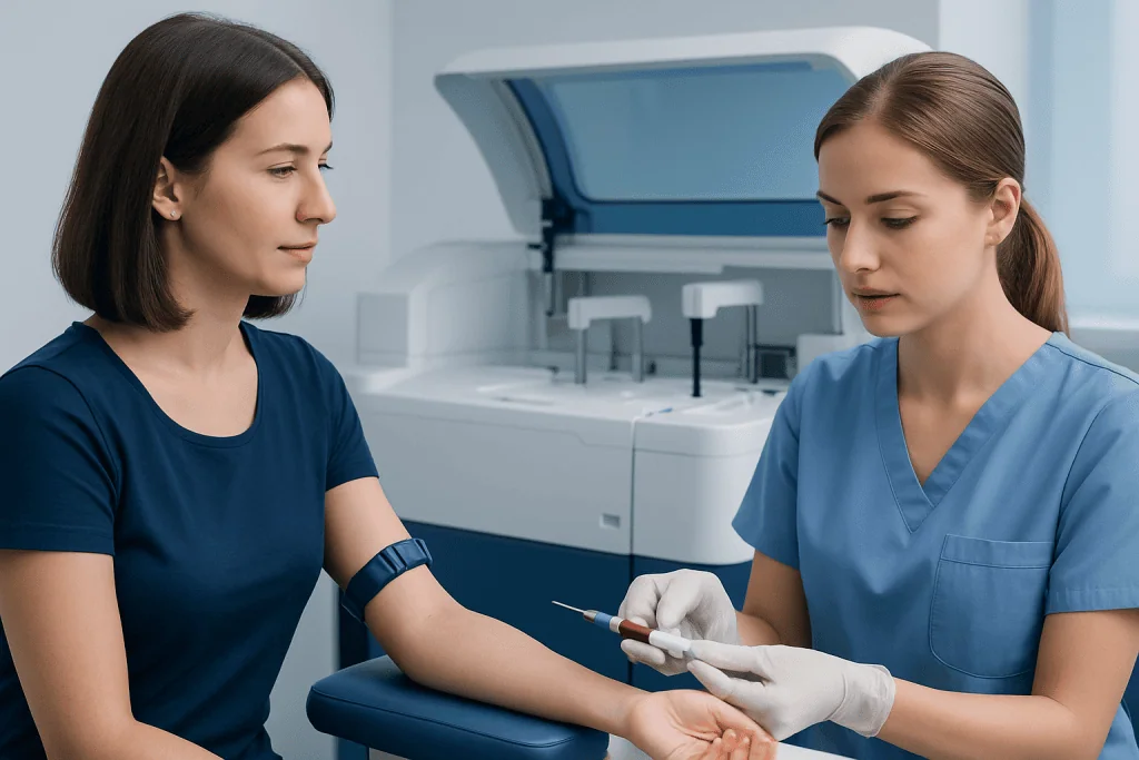 Healthcare professional drawing blood from a patient in a clinical setting.