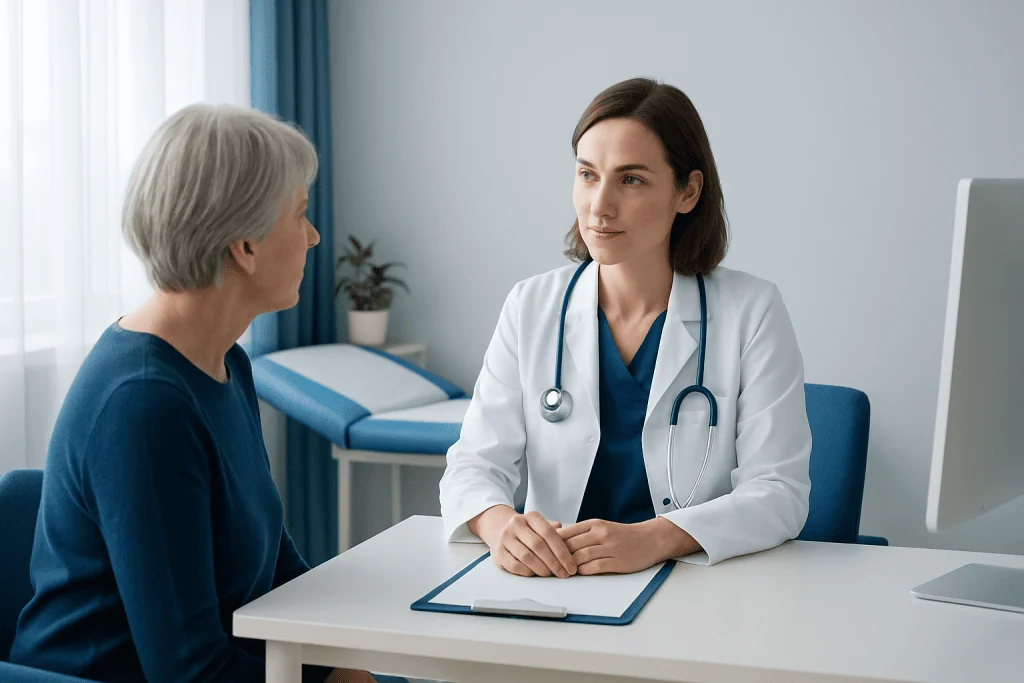 Doctor consulting with an elderly female patient in a medical office.