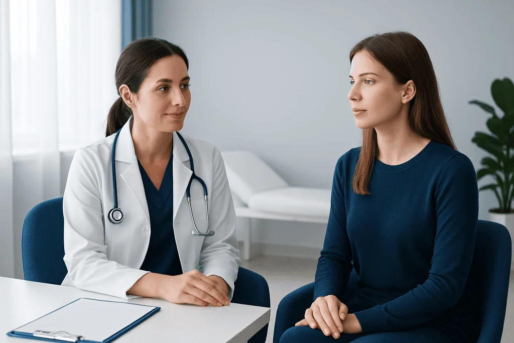 Doctor consulting with a patient in a modern medical office setting.