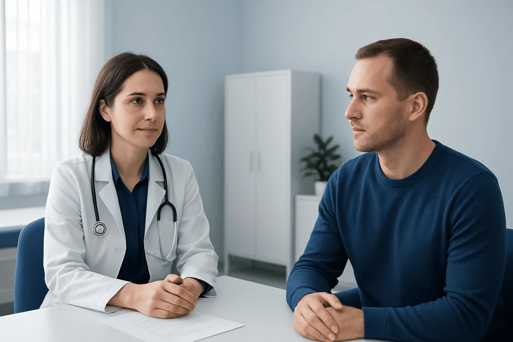 Doctor consulting patient in a medical office setting.