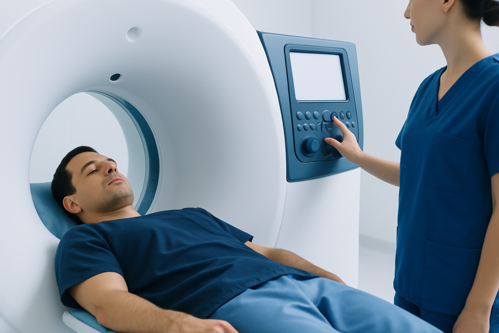 Patient undergoing MRI scan in a medical facility at Acibadem Hospitals Group.