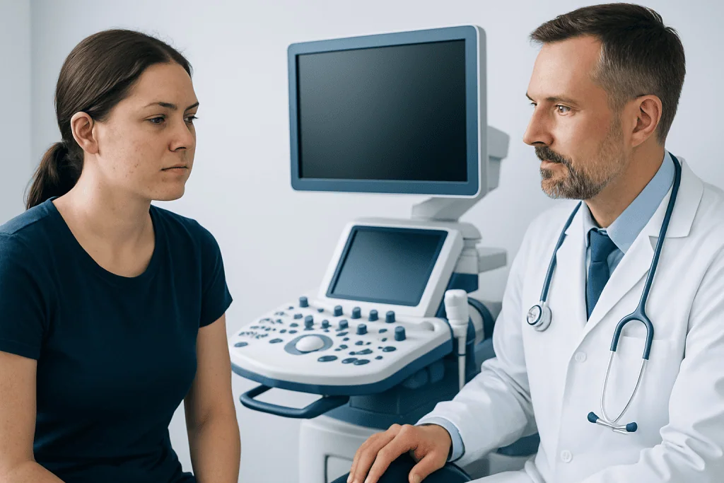 Doctor consulting with a young woman in a medical examination room.