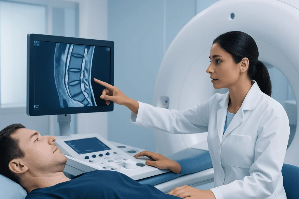 Medical professional analyzing spinal MRI scan for diagnosis.