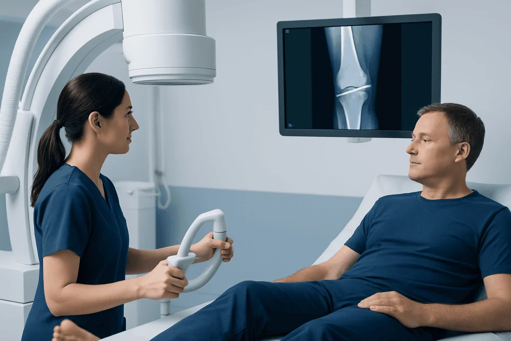 Medical professional explains X-ray results to patient in hospital.