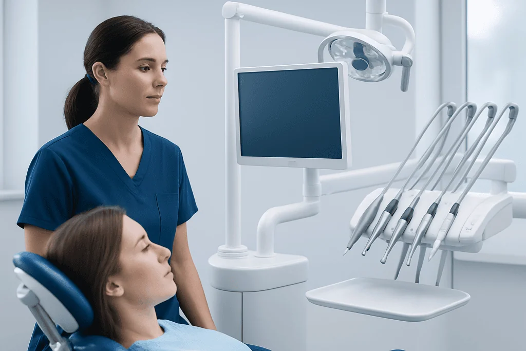 Dentist and patient in a modern dental clinic with equipment and monitor.