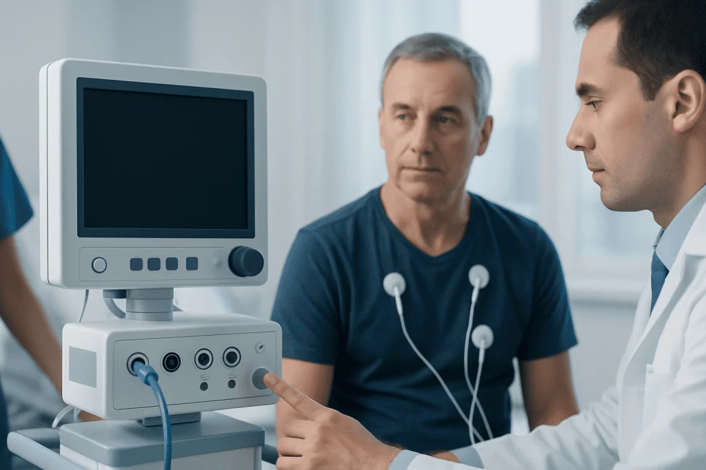 Doctor performing an ECG test on a patient in a hospital setting.