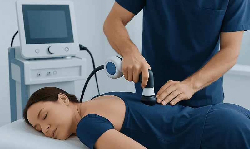 Medical professional performing ultrasound therapy on a patient in a clinical setting.