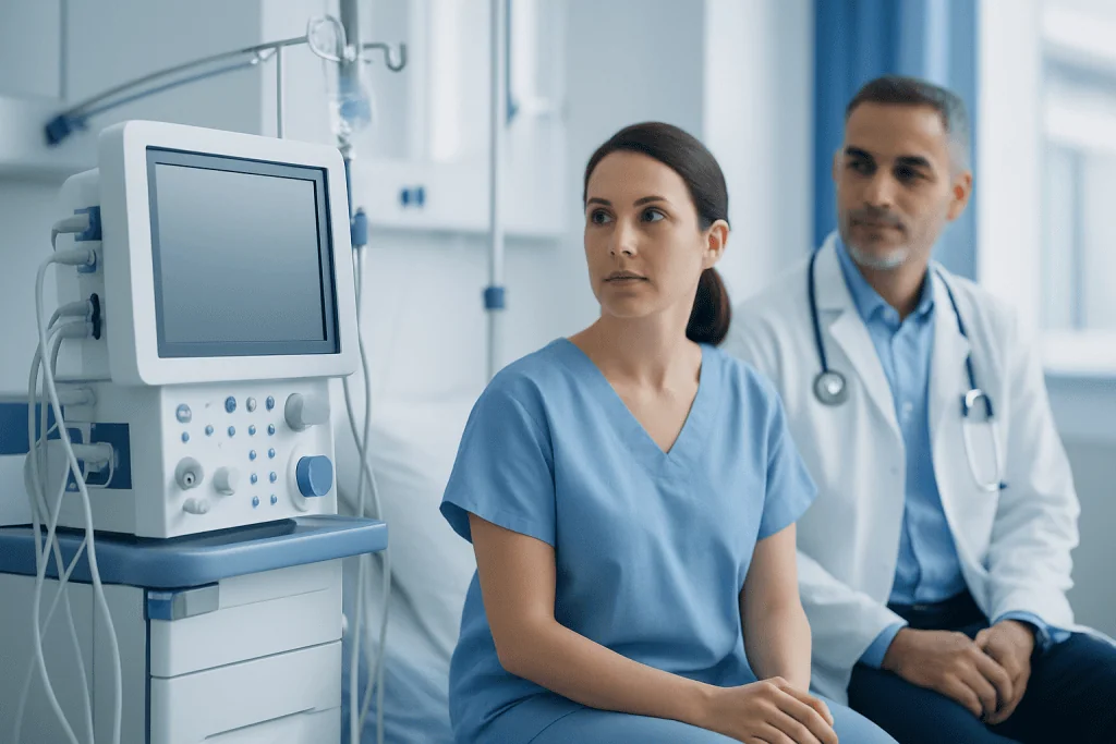 Medical professionals in a hospital room with monitoring equipment.