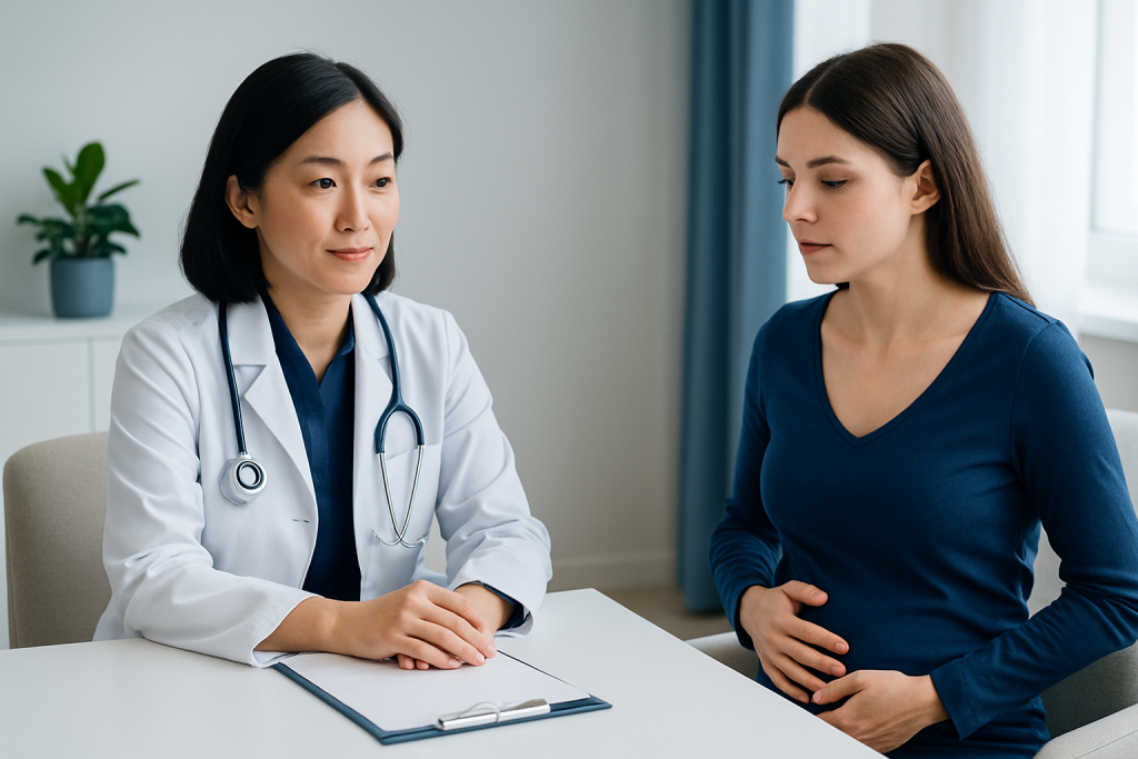 Doctor consulting pregnant woman in a medical office.