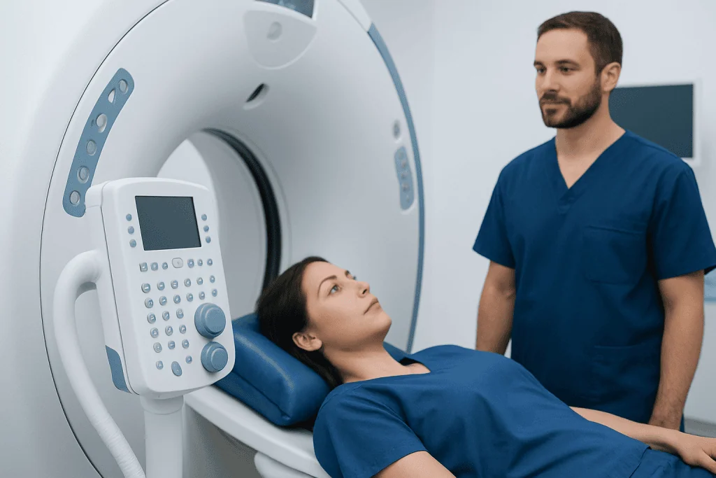 Patient undergoing MRI scan at Acibadem Hospital with medical staff present.