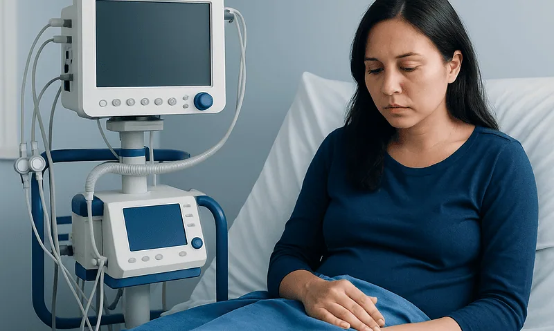 Postpartum Depression: A Complete Medical Overview 17 Woman in hospital bed with medical monitoring equipment for postpartum care.