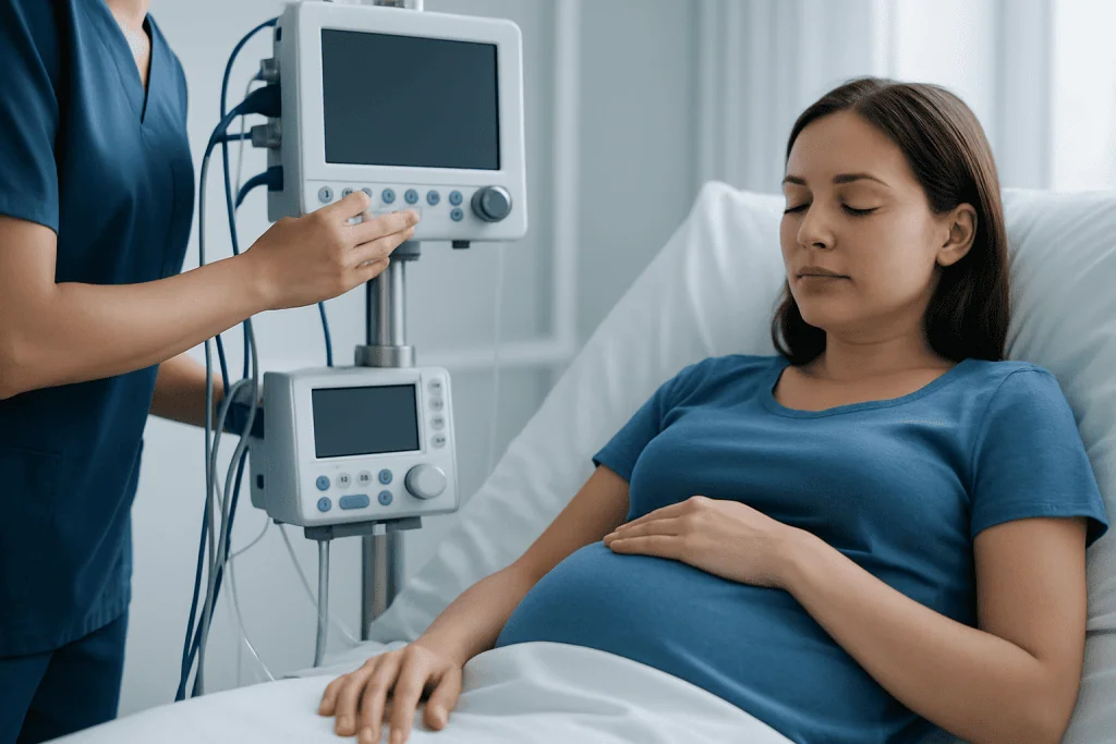 Pregnant woman in hospital bed with medical monitor and healthcare professional.