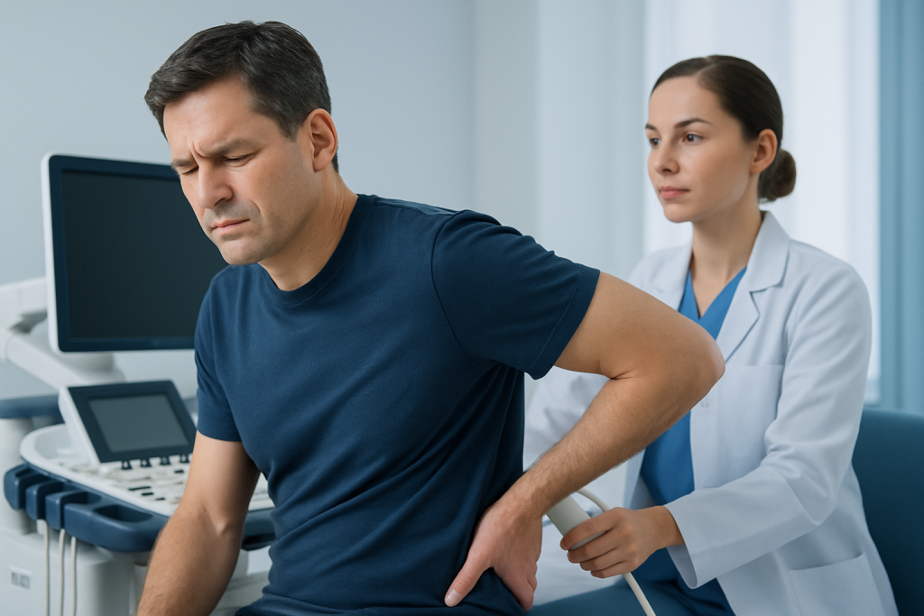 Man experiencing back pain during a medical consultation at Acibadem Hospital.