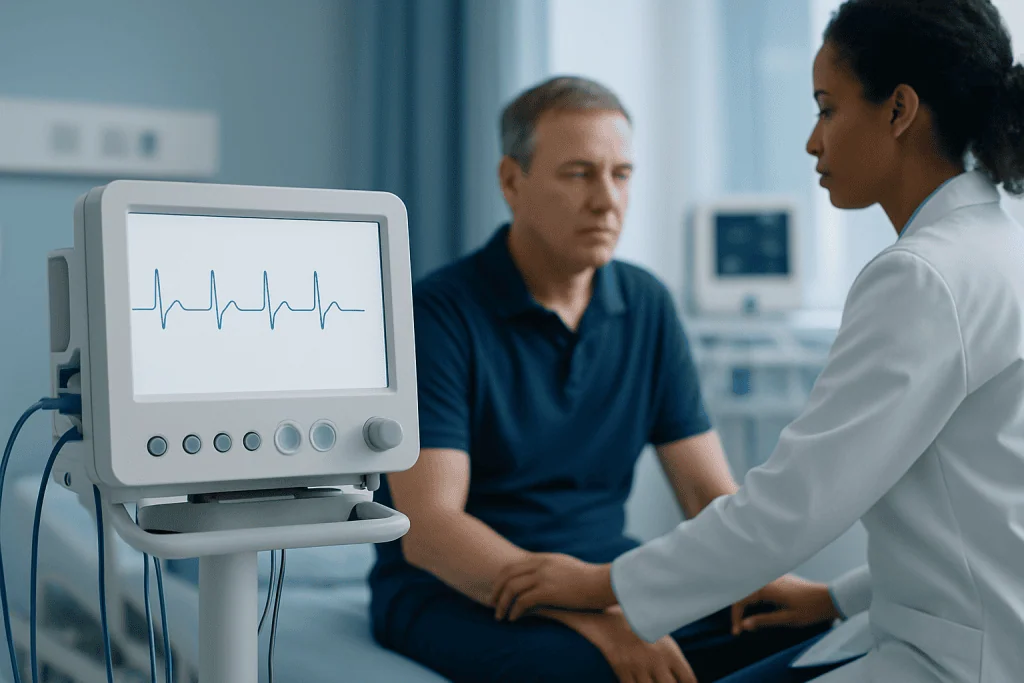 Doctor monitoring patient with ECG in hospital setting.