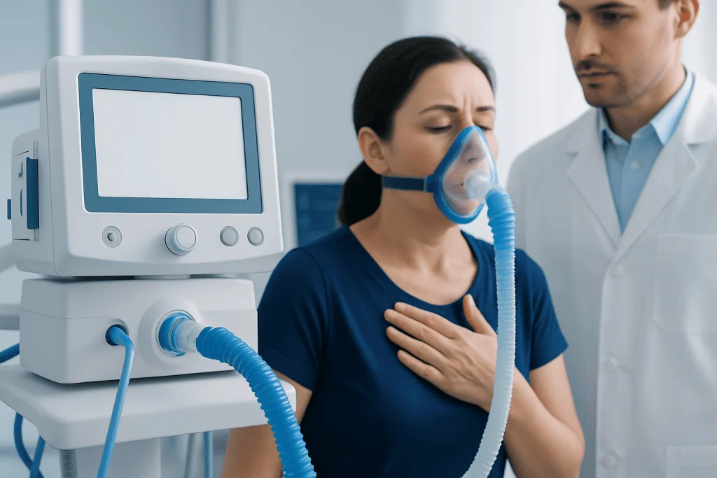 Patient with respiratory distress using oxygen mask in medical setting.