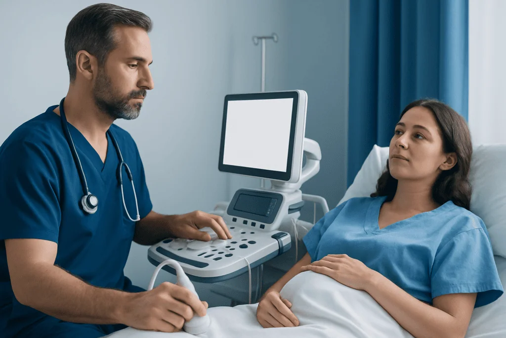 Doctor performing ultrasound on a patient in a hospital room.