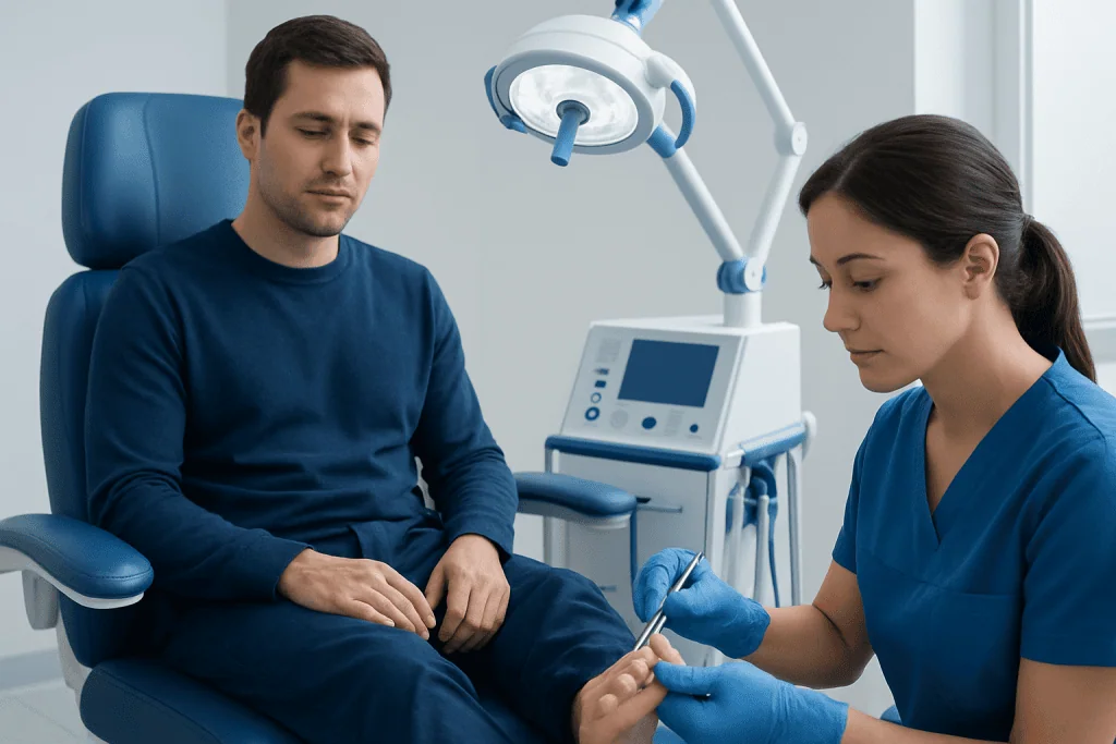 Doctor examining patient's foot in a medical clinic setting.