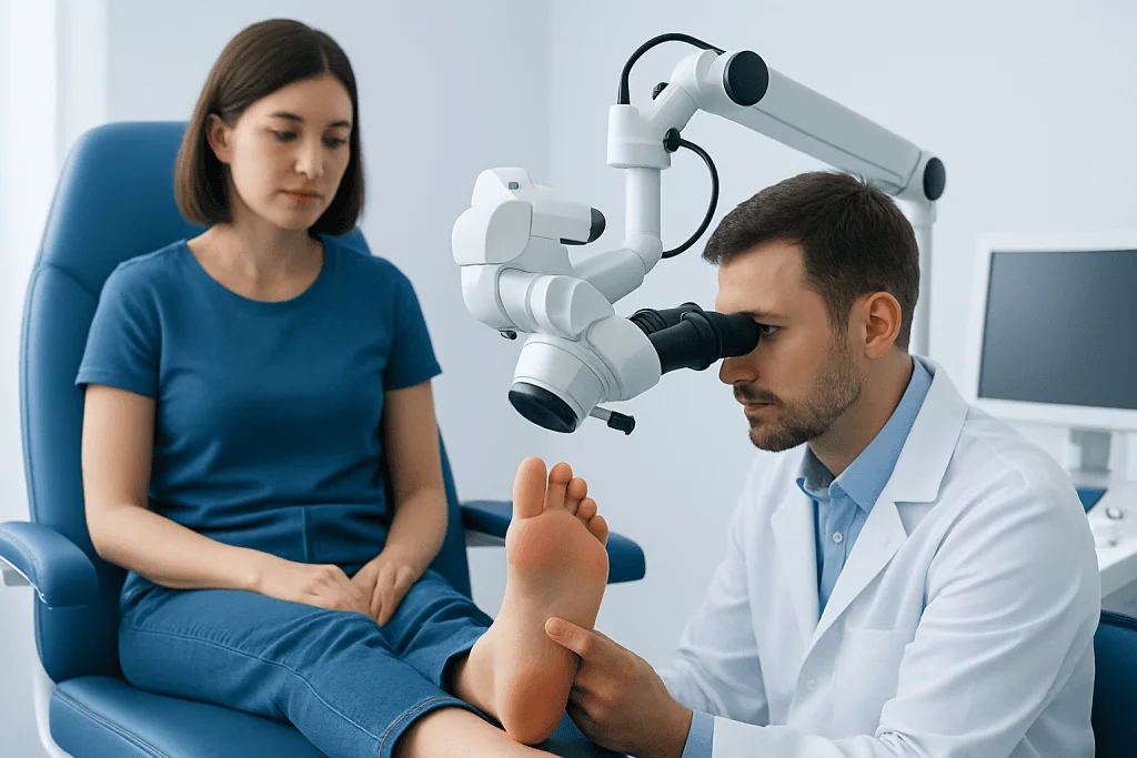 Podiatrist examining a patient's foot with a microscope in a clinical setting.