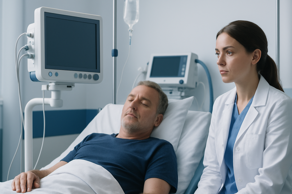 Patient in hospital bed with doctor monitoring vital signs in ICU.