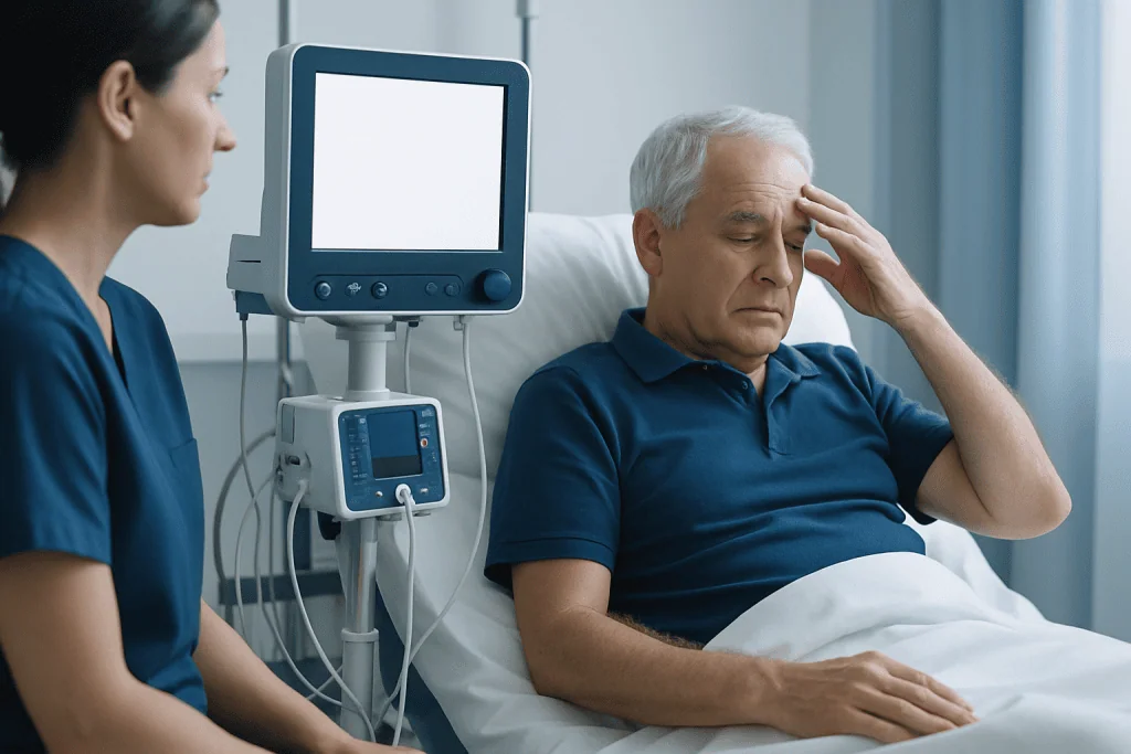 Elderly man in hospital bed with healthcare professional nearby.