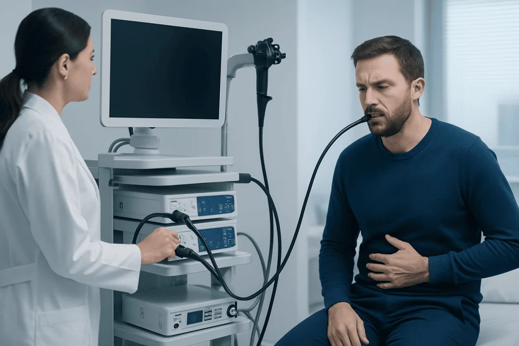 Gastroenterologist performs endoscopy on male patient in hospital.