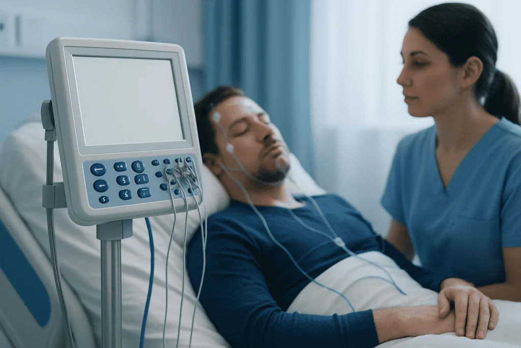 Patient connected to medical monitoring device in hospital bed.