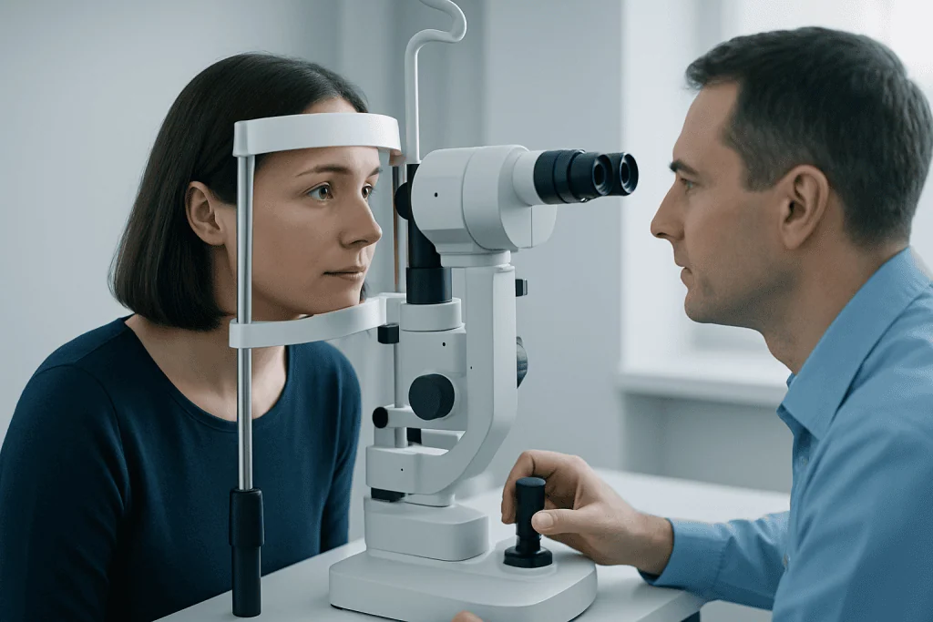 Optometrist examines patient's eyes with slit lamp in clinic.