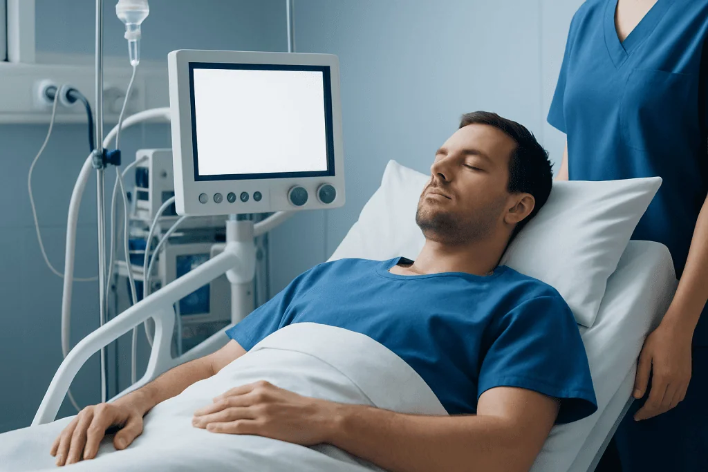 Patient in hospital bed connected to medical monitoring equipment.