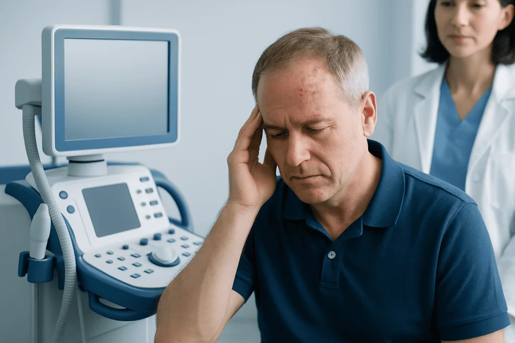 Man experiencing headache during medical consultation at Acibadem Hospital.