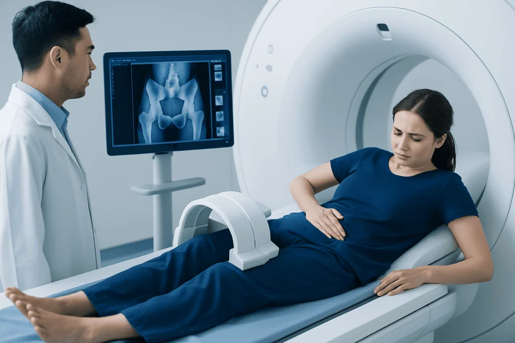 Patient undergoing MRI scan for hip evaluation at Acibadem Hospital.