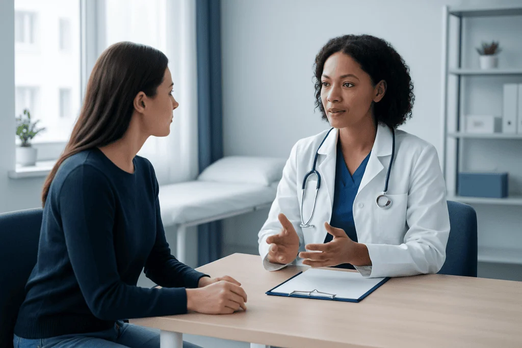 Doctor consulting with a patient in a modern medical office.