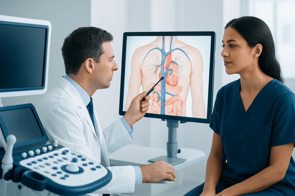 Doctor explaining abdominal anatomy to nurse with medical imaging.