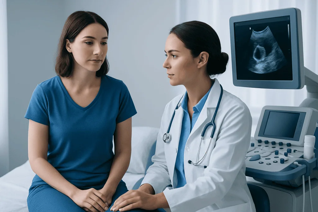 Doctor explaining ultrasound results to a patient in a medical consultation room.