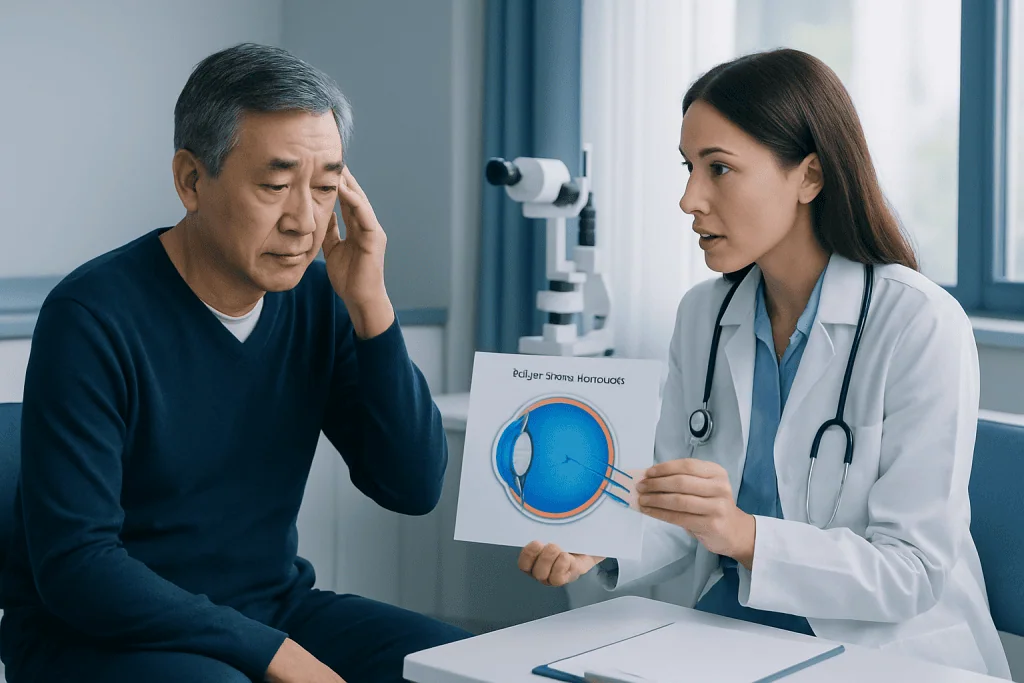 Doctor explains eye condition to patient using diagram at Acibadem Hospital.