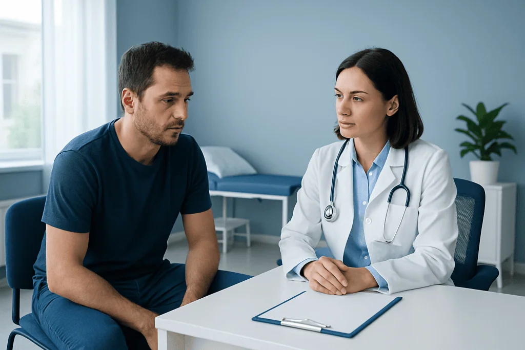 Doctor consulting with male patient in a medical office setting.