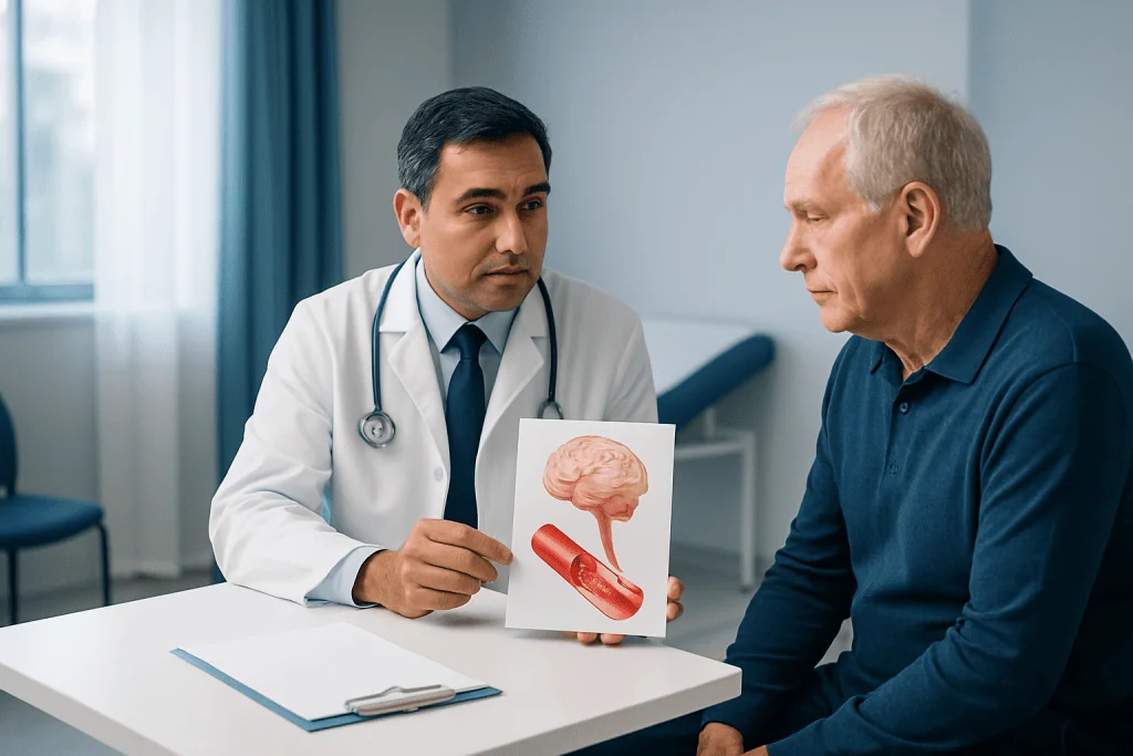 Doctor explaining stroke treatment options to an elderly patient.